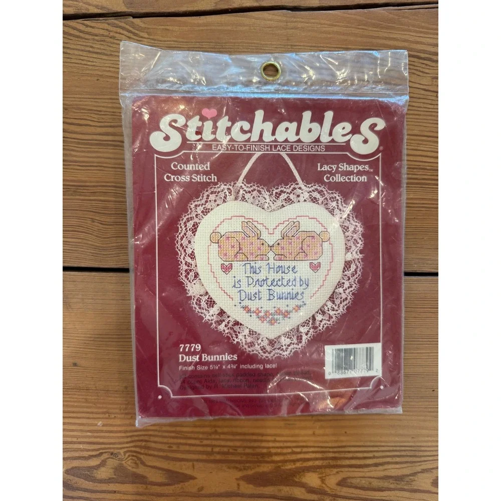 Vintage Stitchables Counted Cross Stitch Kit Dust Bunnies Heart Lace 7779 1989